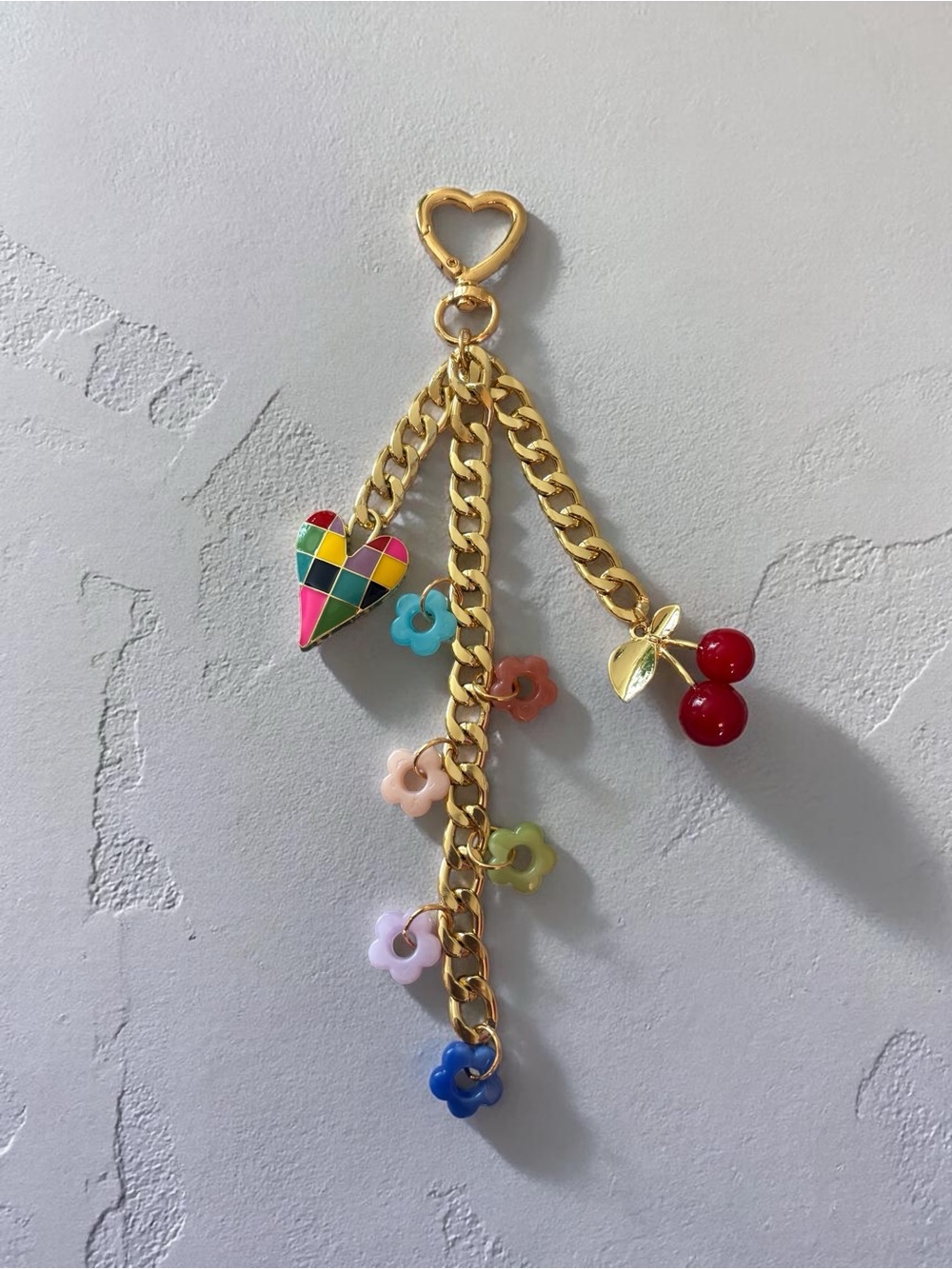 Gold-Tone Multicolor Heart & Cherry Charm Keychain with Pastel Flower Dangles